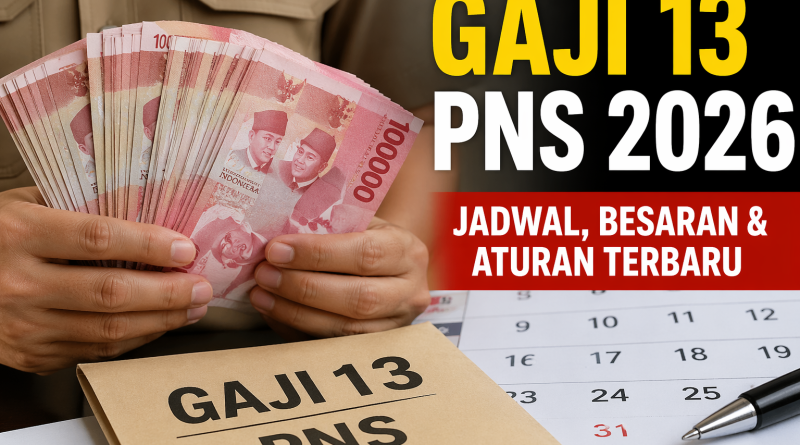 Thumbnail gaji 13 PNS 2026 menampilkan uang rupiah, amplop gaji dan kalender jadwal pencairan serta informasi besaran terbaru