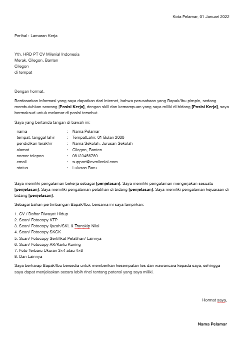 Download template lamaran kerja Word gratis yang profesional dan siap pakai. Lengkap dengan contoh, tips, dan panduan agar cepat diterima kerja.